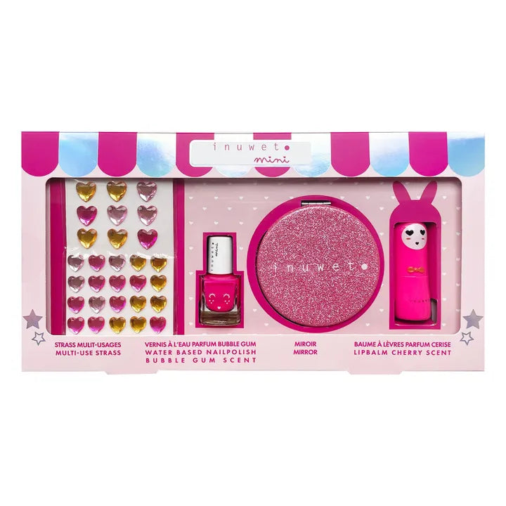 Mini Set Glitter girl ROSA: pedrería facial & corporal + esmalte de uñas fucsia-fresa + espejo purpurina + labial fucsia-cereza  Fucsia