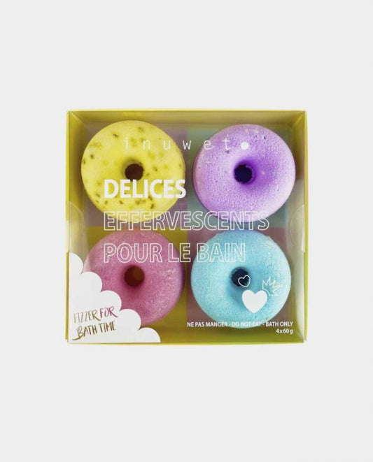 CAJA REGALO BATH SPLASH - DONUT
(1 tableta efervescente arándanos + 2 donuts efervescentes aroma gengibre + baño de espuma donut vainilla ) Rosa